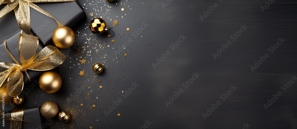 Poster top view of a black stone background adorned with gold and silver decorations and a present box crea