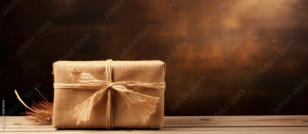 Aufkleber craft gift box placed on a wooden table with raffia or twine providing ample copy space in the image