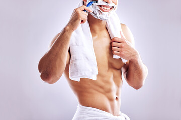 Body, face and shaving in studio for cleaning, health and hair removal for hygiene isolated on...
