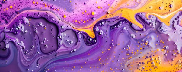 Purple and yellow soap bubbles in paint create an abstract design suitable for a colorful...