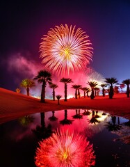 AI generated illustration of Colorful fireworks lighting up the sky above water and palm trees