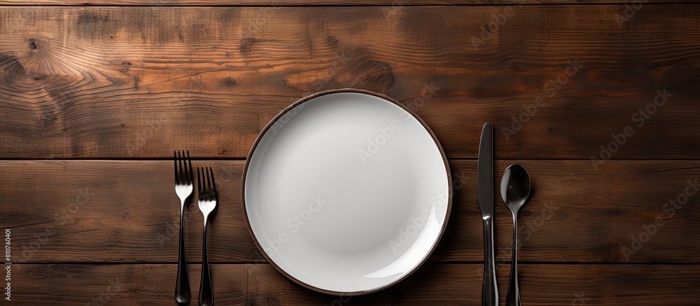 Poster an overhead view of an empty vintage white plate placed on a black wooden table is captured in this 