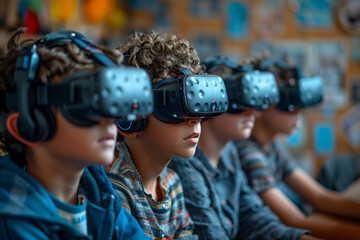 Children and adults engage in futuristic VR gaming together, blending entertainment with innovative learning experiences