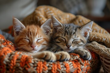 Two adorable kittens, one ginger and one tabby, cuddle together on a cozy blanket, peacefully sleeping