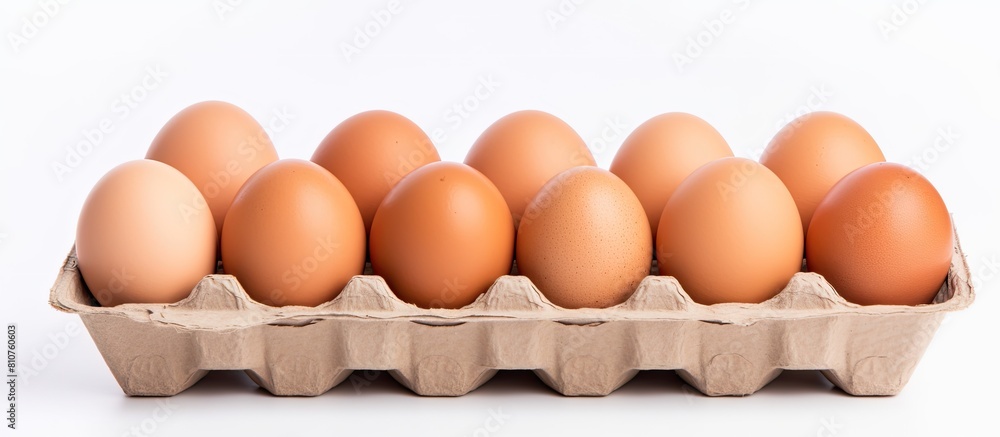 Poster A cardboard box filled with chicken eggs placed on a white background with ample space for copying the image