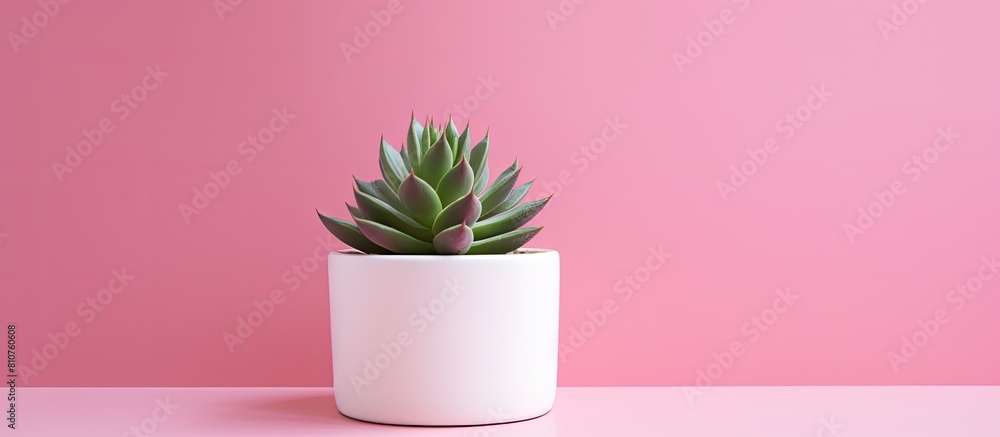 Poster a small succulent plant is showcased in a white pot against a pink background creating a design conc