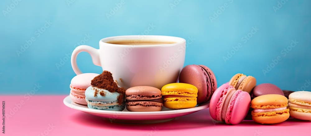 Poster A copy space image featuring a vibrant assortment of colorful macaroons in shades of pink yellow and blue accompanied by a cup of coffee all set against a soft pink background 184 characters