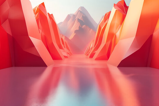 Vibrant digital artwork depicting abstract red mountains
