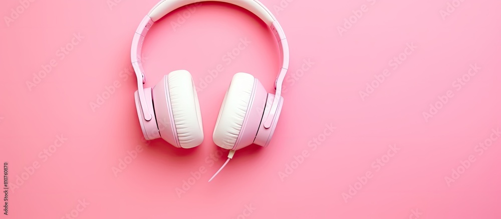 Poster Top view of headphones on a pink background creating a flat lay concept with copy space image