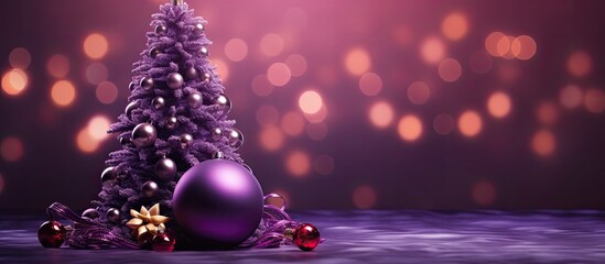 Fototapeta premium A captivating image of a Christmas tree adorned with stunning decorations including a striking purple ball Perfect for adding text or captions. Creative banner. Copyspace image