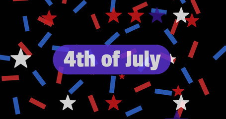 Image of 4th of july text and white, blue, red american stars and stripes on black background