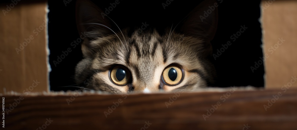 Poster The cat peeks out of the box revealing its curious nature The empty space surrounding it is perfect for a copy space image