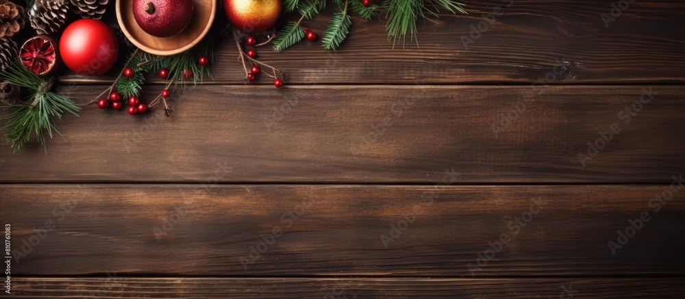 Poster Top view of a Christmas table place setting placed on a wooden background with ample copy space It creates a festive holiday ambiance