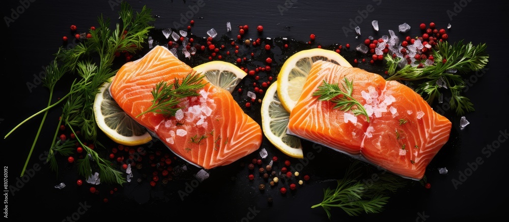 Poster an overhead shot of two salmon slices on a dark backdrop with lemon slices peppercorns and dill spri
