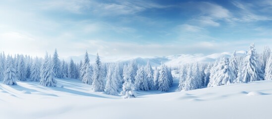 A winter themed Christmas landscape with a serene snow covered setting. Creative banner. Copyspace image