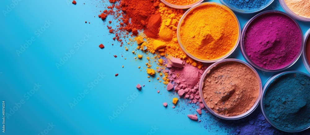 Poster colorful eye shadows arranged in a flat lay composition on a vibrant background providing ample copy