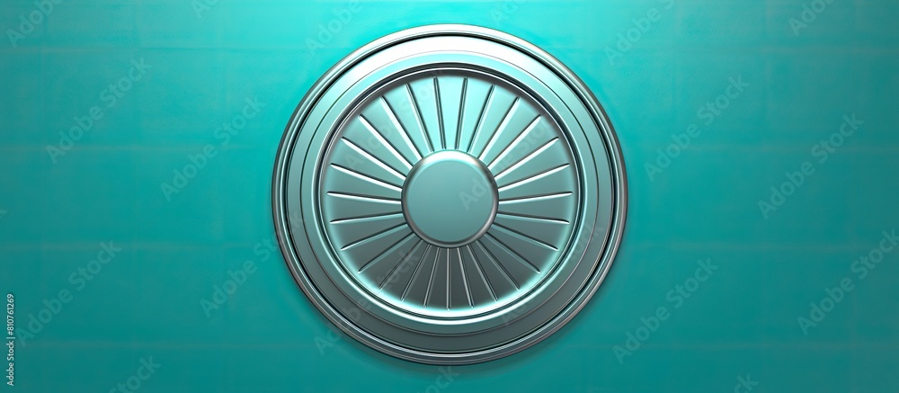 Poster a badge placed against a vibrant cyan background leaving ample copy space for text or other elements