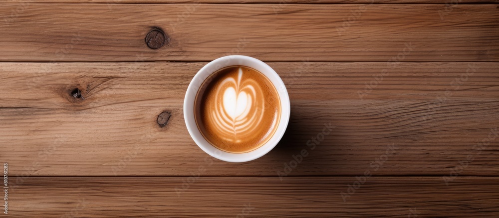 Poster an espresso shot with a layer of coffee crema is shown from a bird s eye view set against a wooden t