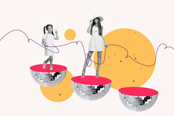 Composite collage picture image of dancing female little child discoball discotheque shopping ad...
