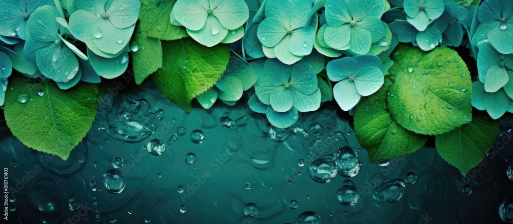 Poster Top view of emerald and green Hydrangea flowers on an artistic ink background creating a creative and captivating image with copy space