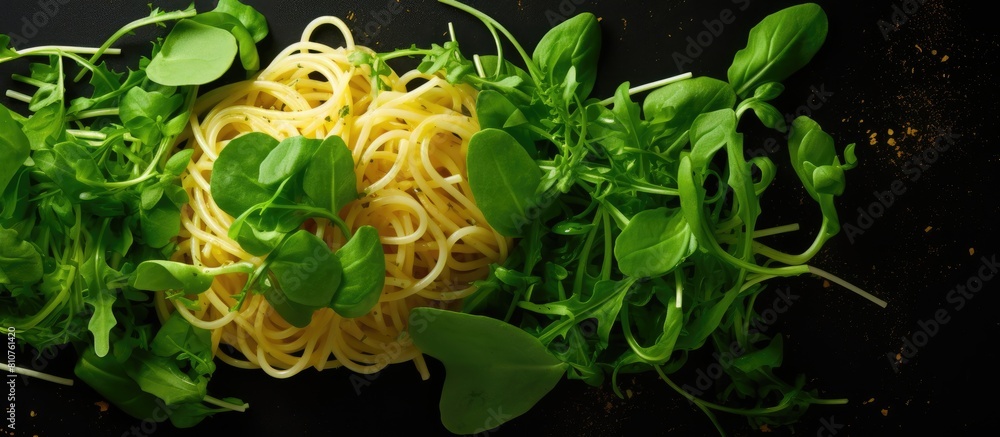 Poster A close up top view of spaghetti adorned with arugula and cheese in a copy space image