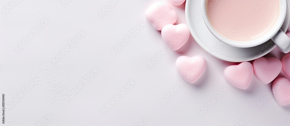 Poster top view of a cup of coffee with a heart shaped pink marshmallow on a white background providing cop