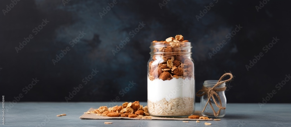Poster A healthy breakfast option of homemade granola or oat flakes presented in a mason jar on a gray background with a napkin providing ample space for text or additional images