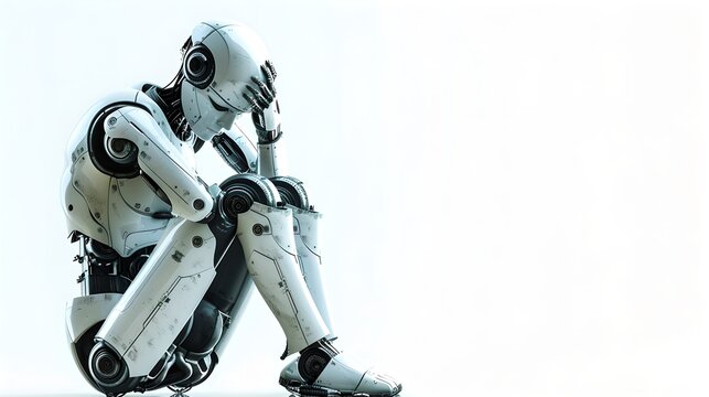 Contemplative Robot Seated in Solitude, Modern Technology Concept. Clean, Minimalist Style with Copy Space. Futuristic AI Robot. AI