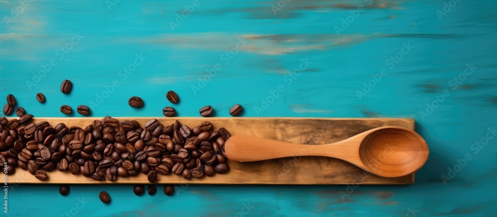 Poster a copy space image featuring a wooden board adorned with a spoon of body scrub and coffee beans plac