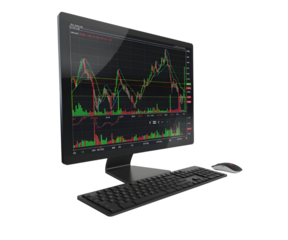 A business computer with stock market graph or forex and cryptocurrency isolated on white transparent background, PNG File. Perfect for clipart	
