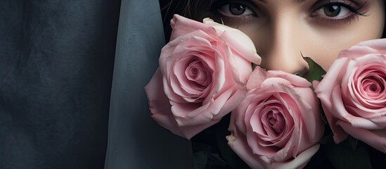 A close up image of a girl holding pink roses with a grey background ideal for copy space