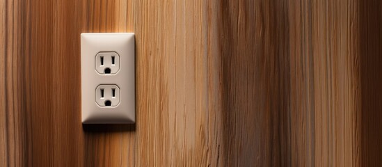 An electric socket port on a power supply with a copy space image set against a wooden wall background
