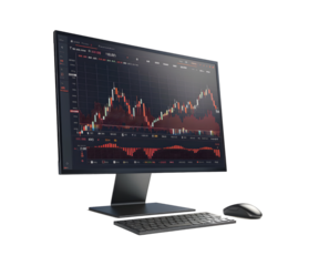 A business computer with stock market graph or forex and cryptocurrency isolated on white transparent background, PNG File. Perfect for clipart	
