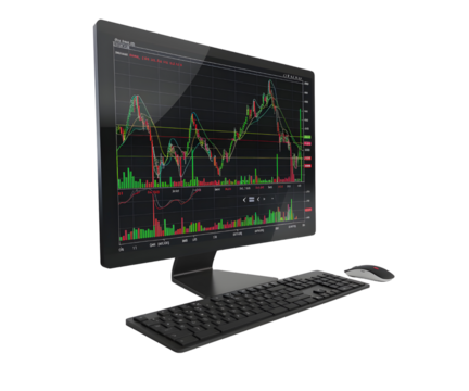A business computer with stock market graph or forex and cryptocurrency isolated on white transparent background, PNG File. Perfect for clipart	
