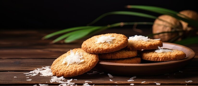A copy space image of coconut cookies displayed on a rustic wooden surface