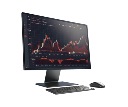 A business computer with stock market graph or forex and cryptocurrency isolated on white transparent background, PNG File. Perfect for clipart	
