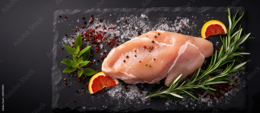 Aufkleber A top view image of a raw chicken fillet seasoned with spices and herbs displayed on a black stone table Copy space available