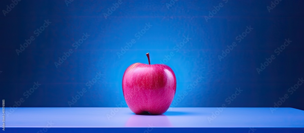Poster a stunning pink apple is inside a box placed on a blue background leaving space for an image. creati