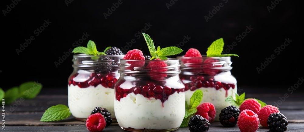 Poster copy space image of healthy summer food concept featuring jars of natural yogurt topped with berry s