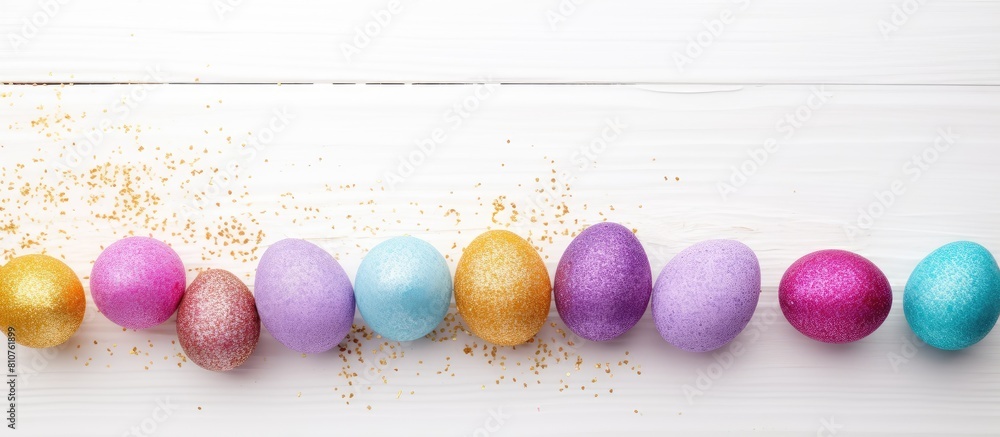 Poster A top down view of Easter eggs coated in glitter nestled in a branch nest set against a white wooden backdrop The image offers copy space for text