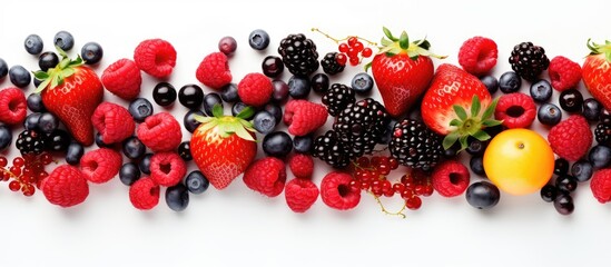 Top view of a variety of ripe berries and fruits including mulberries currants raspberries cherries and strawberries isolated on a white background The image provides ample copy space for text