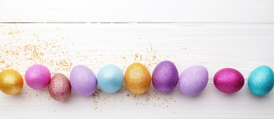 Obraz premium A top down view of Easter eggs coated in glitter nestled in a branch nest set against a white wooden backdrop The image offers copy space for text