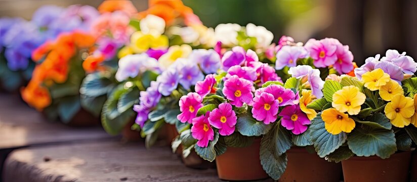 A vibrant assortment of primroses in various colors adds a touch of beauty and nature to the home garden terrace capturing the essence of gardening The copy space image features springtime planting