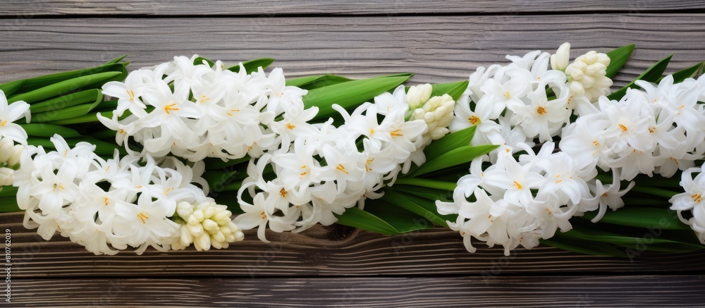 Poster White hyacinths in a bouquet placed on a weathered wood background create a visually captivating copy space image