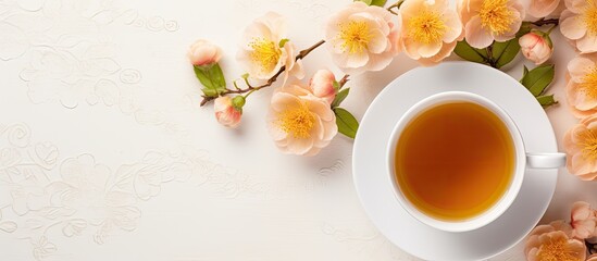 Apricot on a blossom background with a white cup and tea dish The image portrays a traditional folk style herbal medicine concept for treating cold and flu observed from an overhead view Copy space i