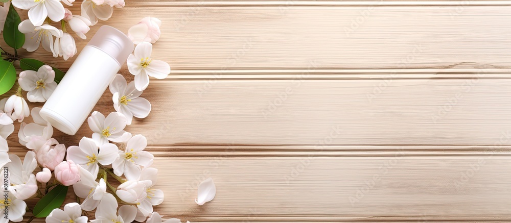 Poster on a light wooden backdrop there is a copy space image featuring face cosmetics nail polish and whit
