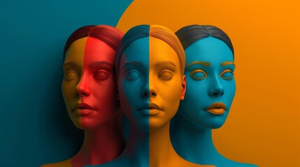 Drawing minimalist portraits flat design top view abstract faces theme Splitcomplementary color scheme