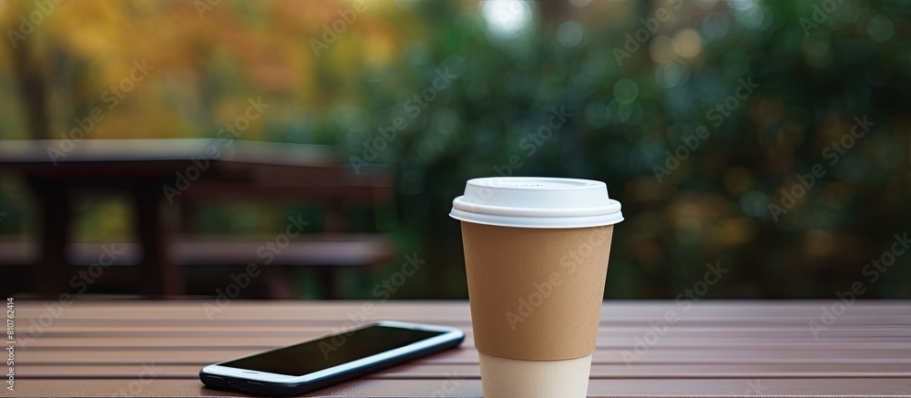 Aufkleber A coffee cup made of cardboard with a lid and a phone sitting on a wooden table There is room available for adding text next to the image. Creative banner. Copyspace image