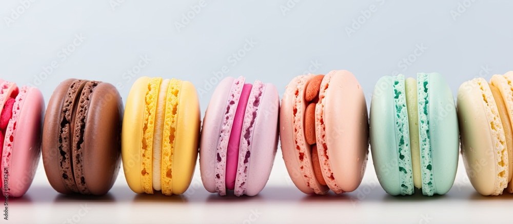 Poster A colorful array of pastel almond cookies known as macarons is placed on a light background with ample space for additional images or text