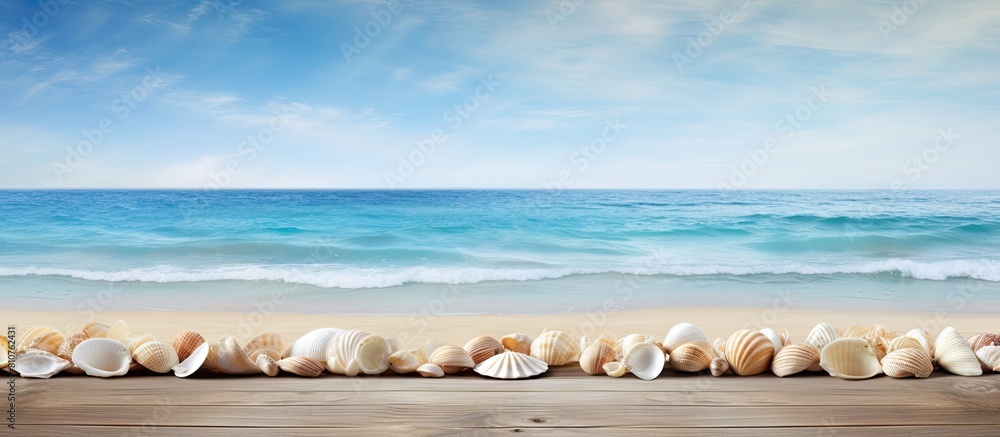 Poster a wooden surface with an ocean backdrop adorned with white seashells leaving a blank area for text o
